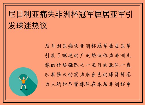 尼日利亚痛失非洲杯冠军屈居亚军引发球迷热议